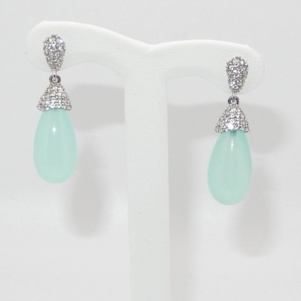 NWOT / Aqua Chalcedony & White Topaz Drop Earrings / Sterling Silver